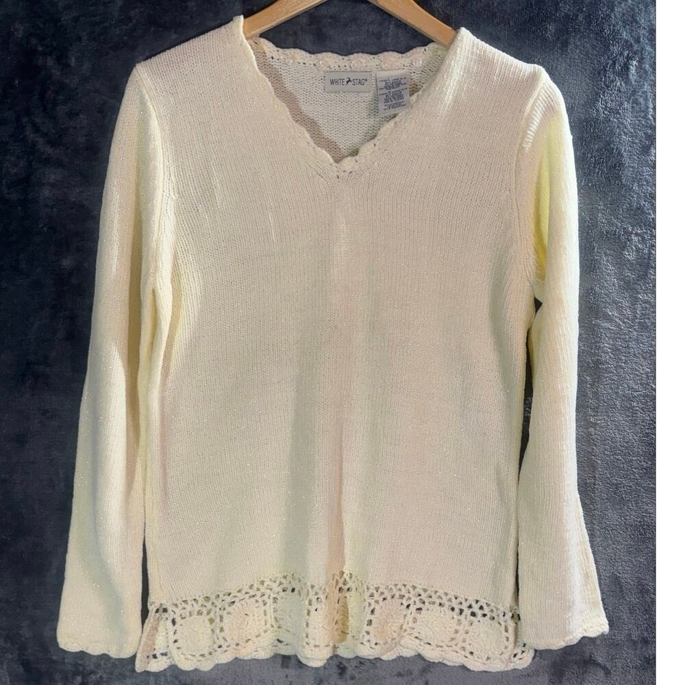 VTG Y2K White Stag Cottagecore Cream Crochet Scalloped Trim Shimmer Sweater LRG